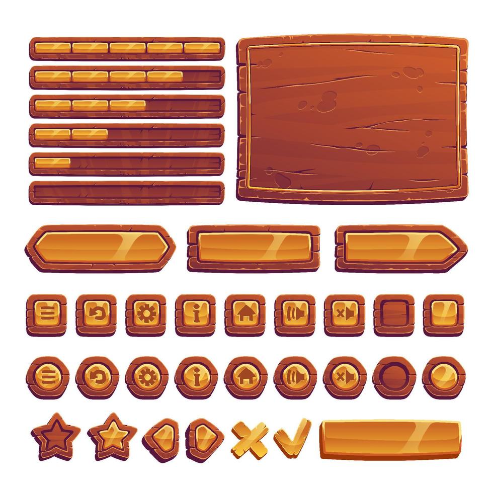 Wooden and gold buttons for ui game, gui elements vector