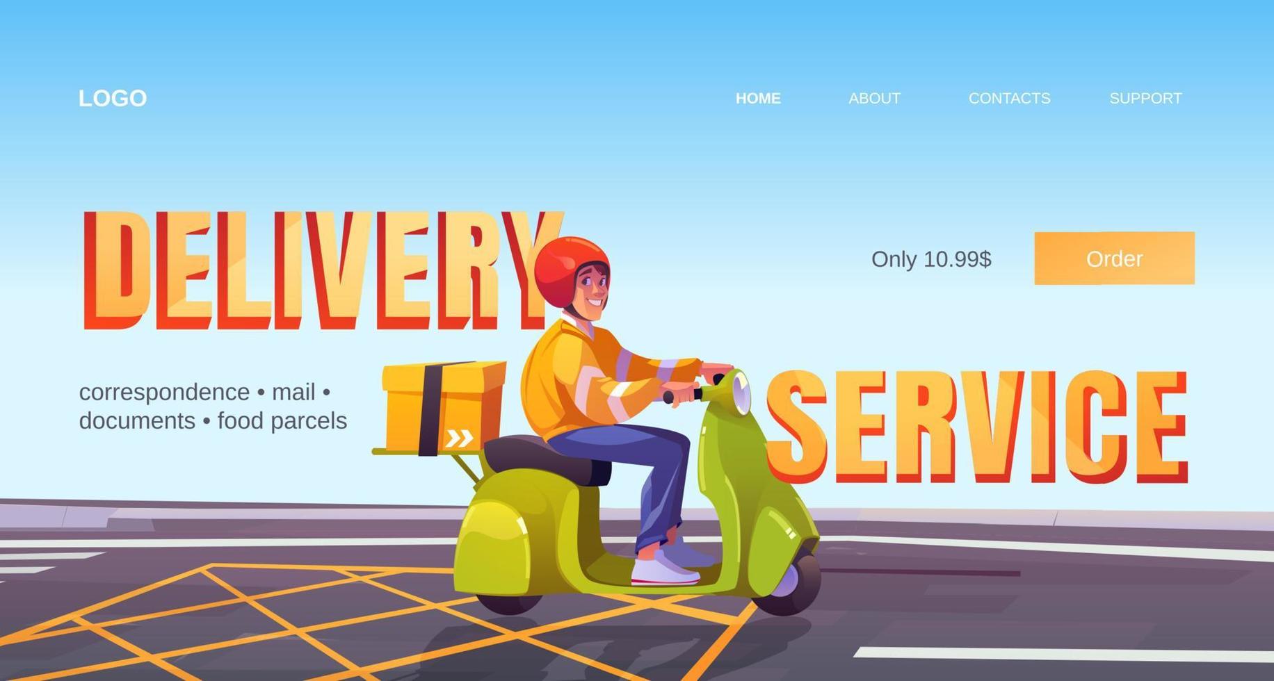 Delivery service cartoon landing, man on scooter vector