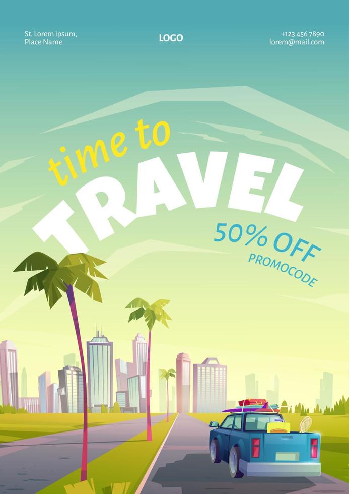 Travel coupon with summer landscape, town and car vector