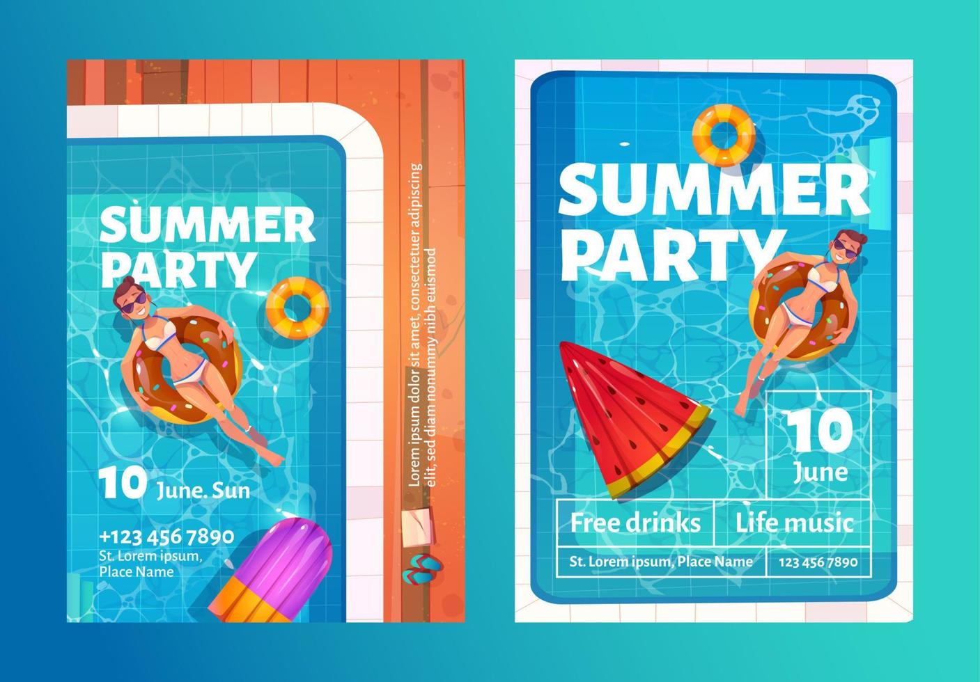 Summer party cartoon flyers with woman in pool vector