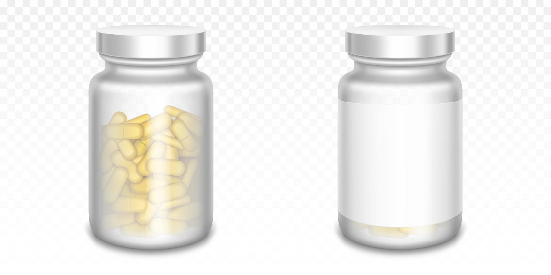 frascos de medicamentos con pastillas amarillas y etiqueta en blanco vector