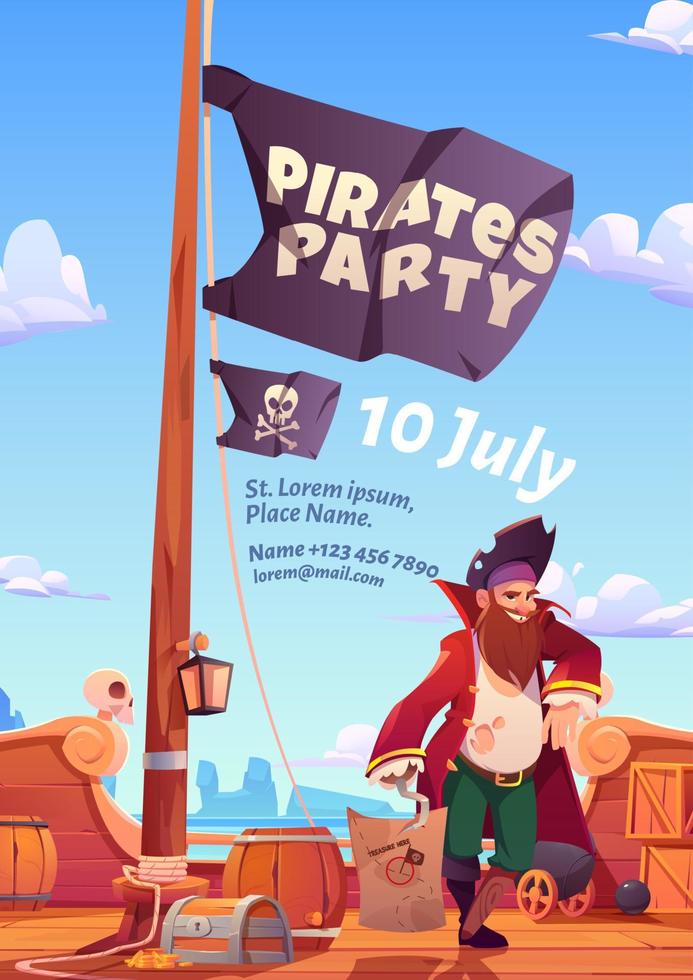 Pirate party flyer with wooden ship deck and flag vector