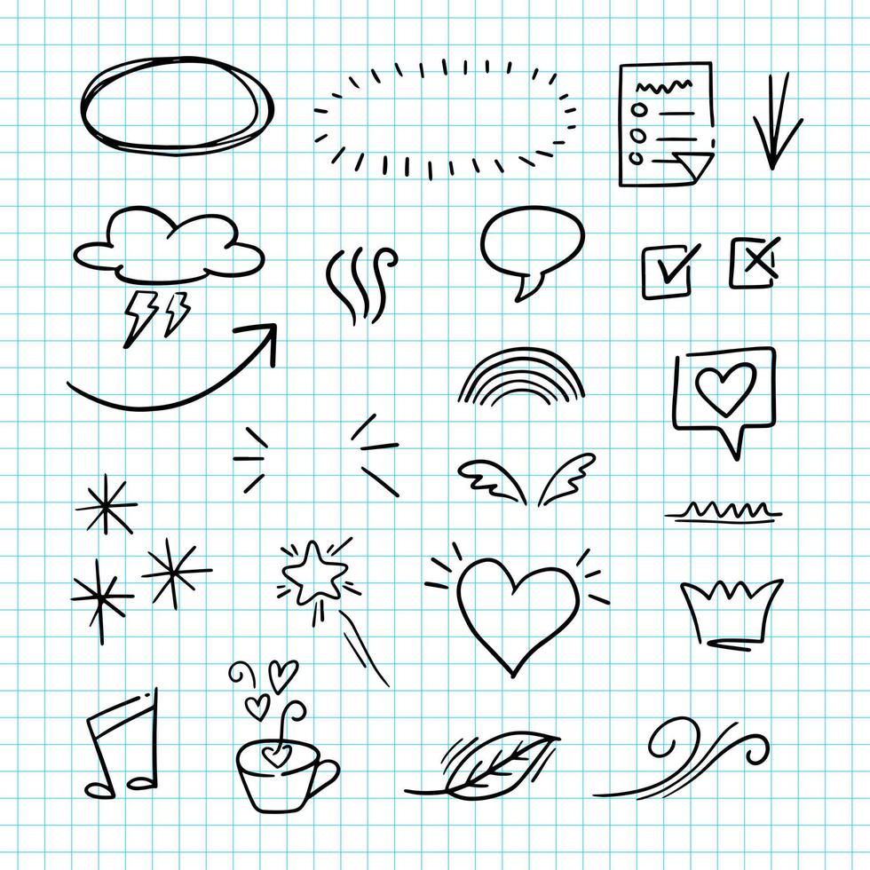 Vector set of doodle elements, frames, weather, wings, arrows, loops, brushes, stars and more, for concept designs.