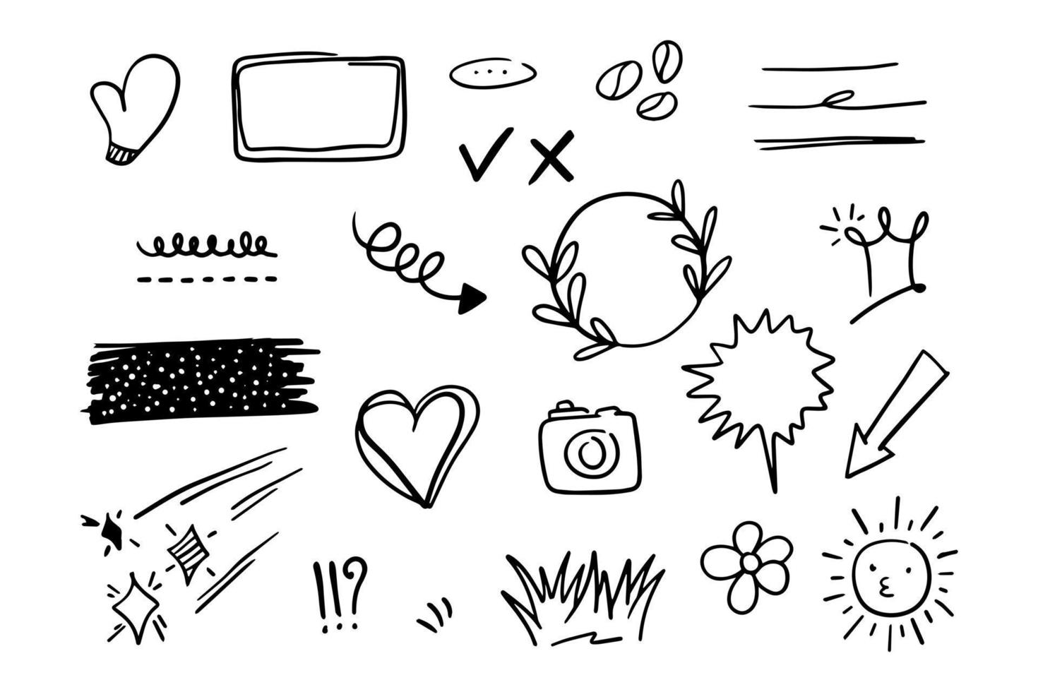 Vector set of doodle elements, frames, gloves, arrows, swirls, brushes, stars and more, for concept designs.