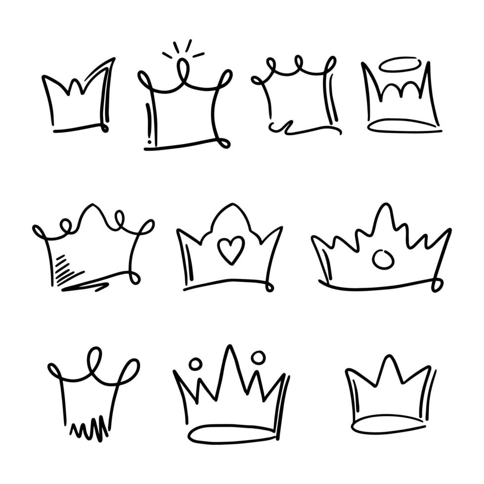 Doodle set crown line art, vector illustration.
