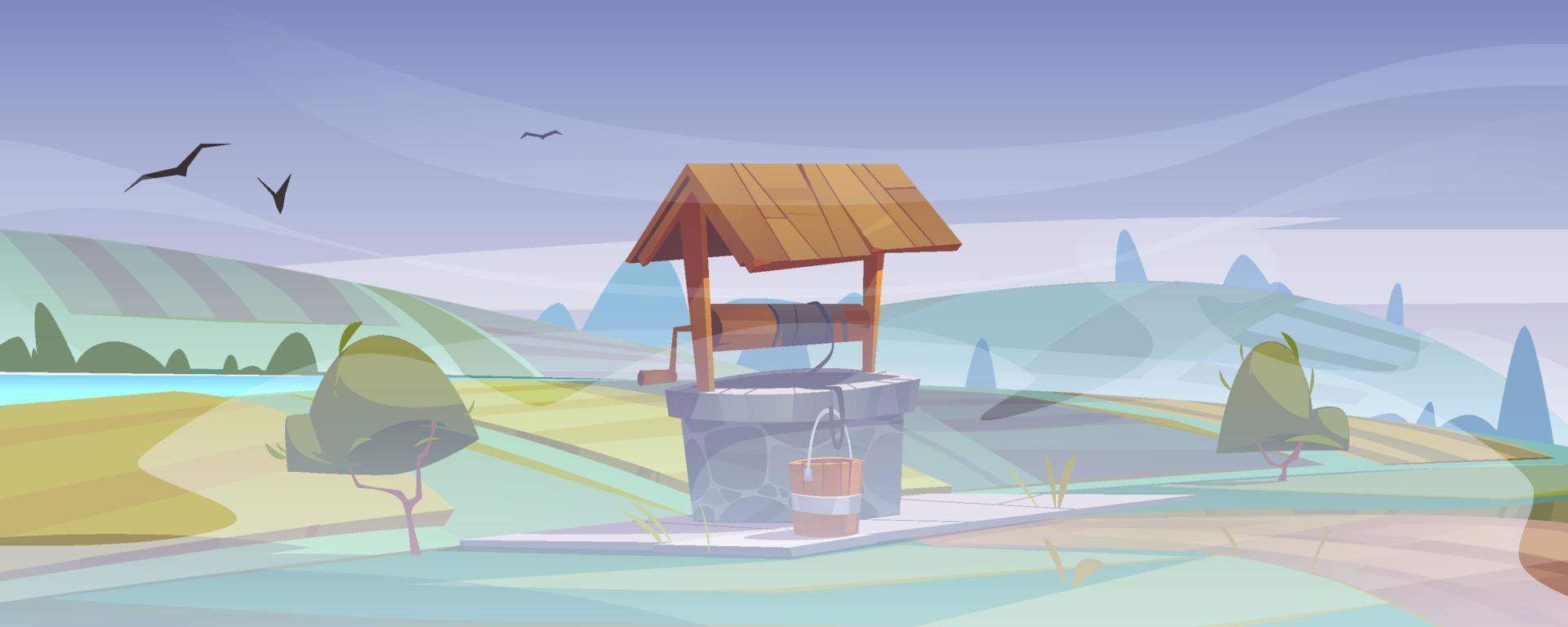 Old stone well with drinking water on green hill vector