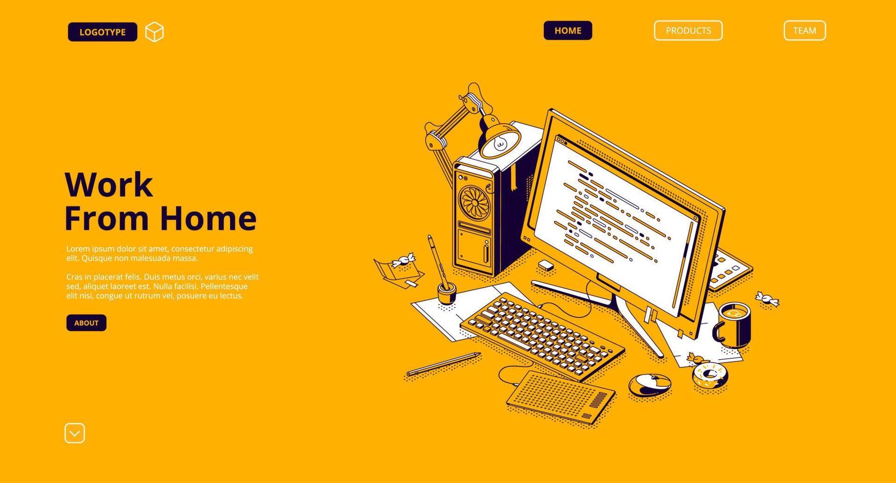 Programmer work from home isometric landing page vector