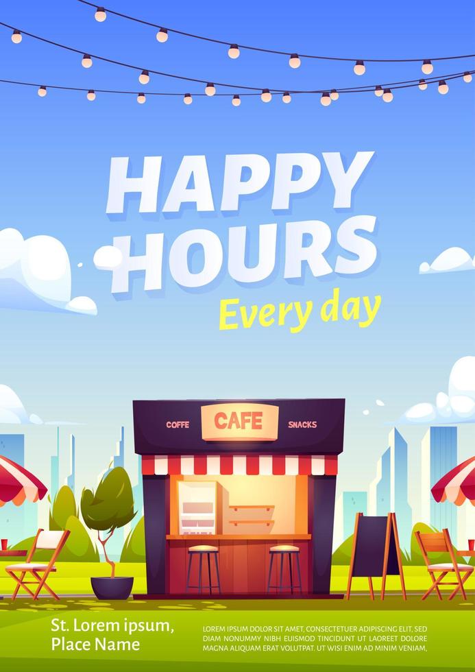 happy hours en el cartel publicitario de la cafetería al aire libre vector