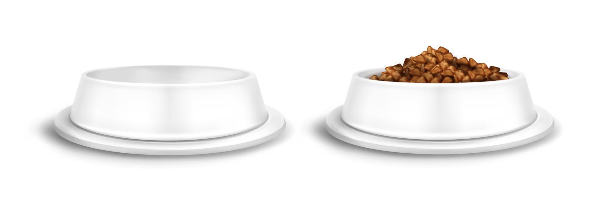 White pet bowls with food for dog or cat vector