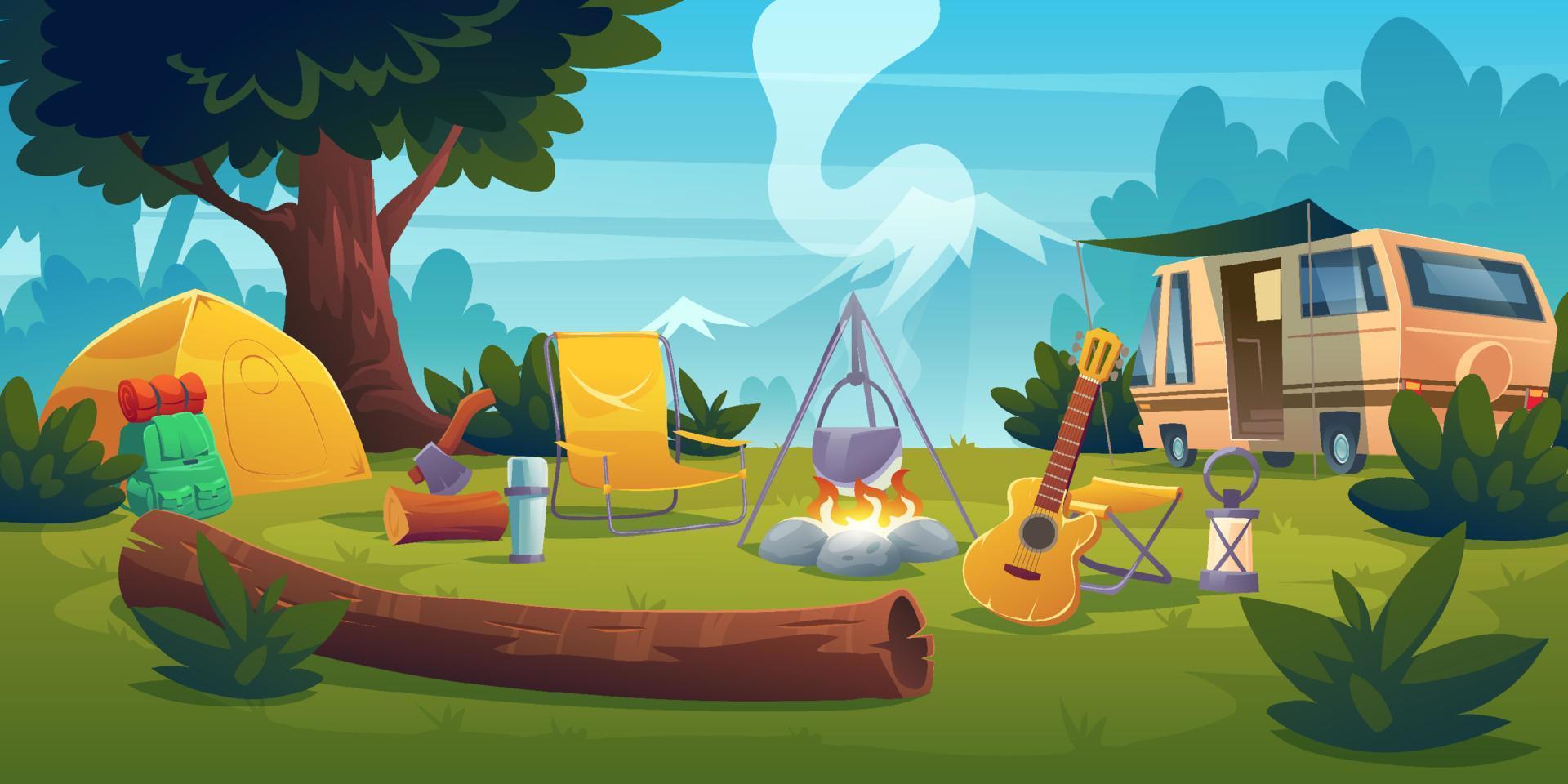 Summer camp with bonfire, tent, van and backpack vector