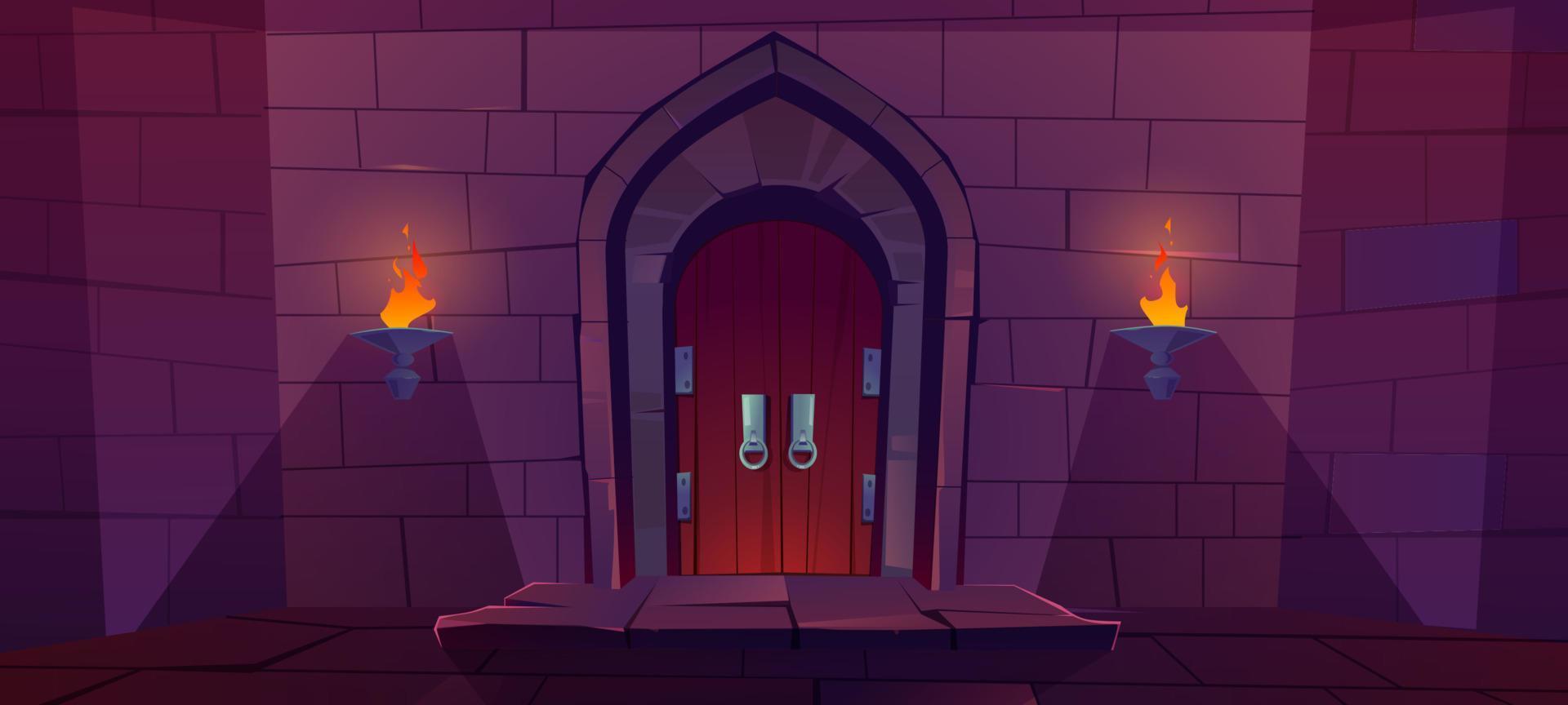 Wood door in medieval castle or dungeon vector