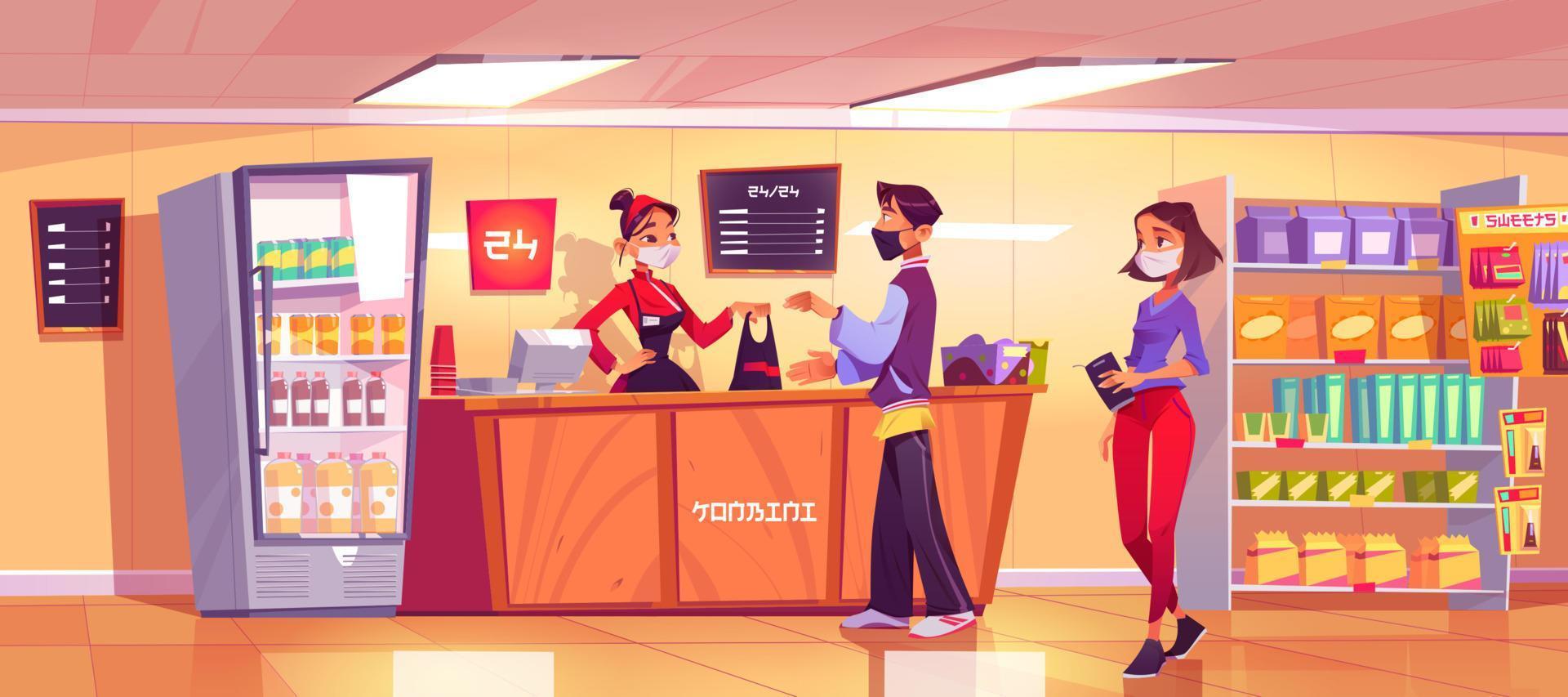 Konbini, convenience store, seller and customers vector