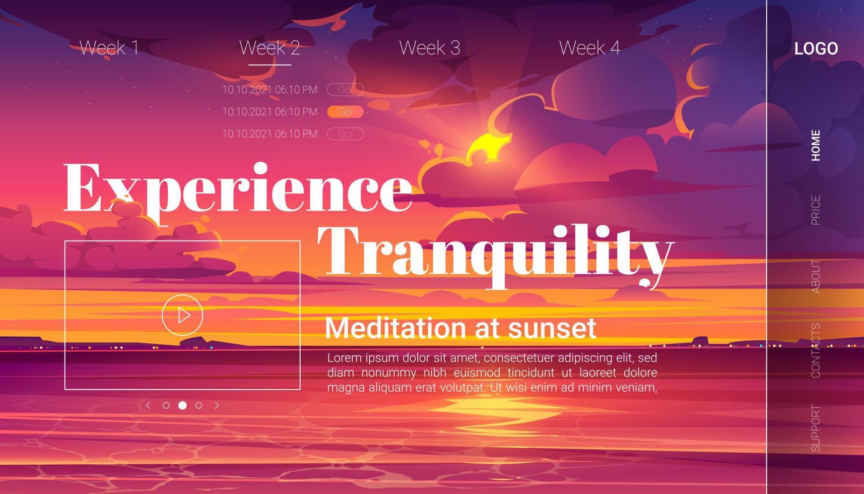 meditación en la página de inicio de dibujos animados al atardecer, yoga vector