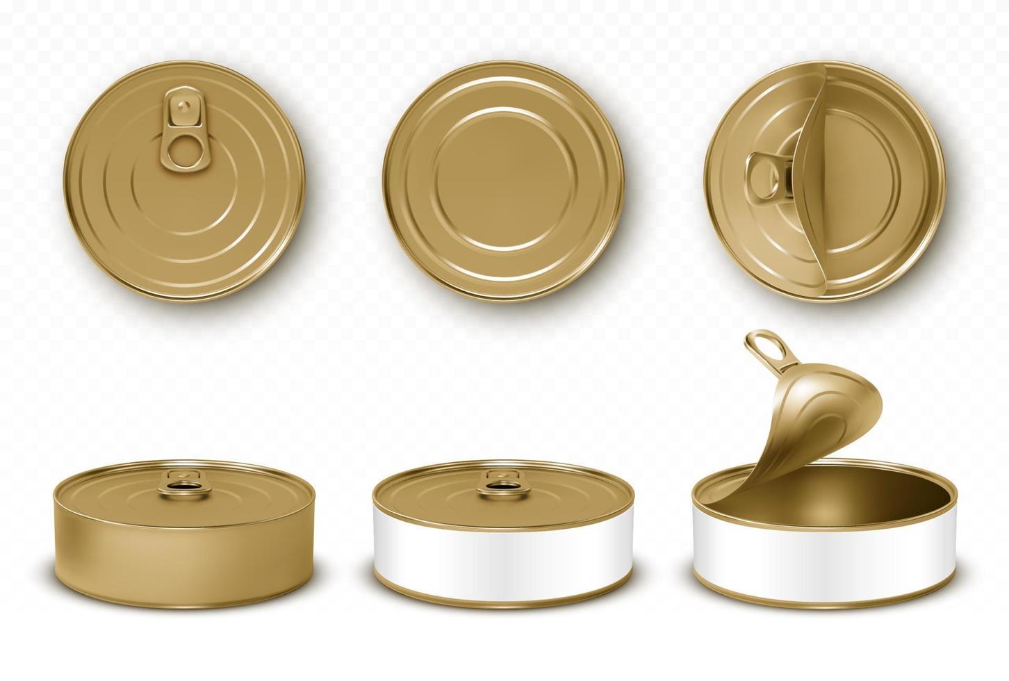Gold tin cans, fish or pet food with pull ring set vector