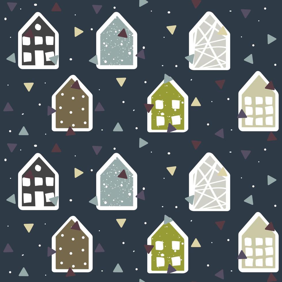 A pattern of hand-drawn houses. Cute cartoon pattern with tiny houses on a dark background. Seamless vector background in Scandinavian style. New Year's theme. Gift packaging, textiles. Triangles.