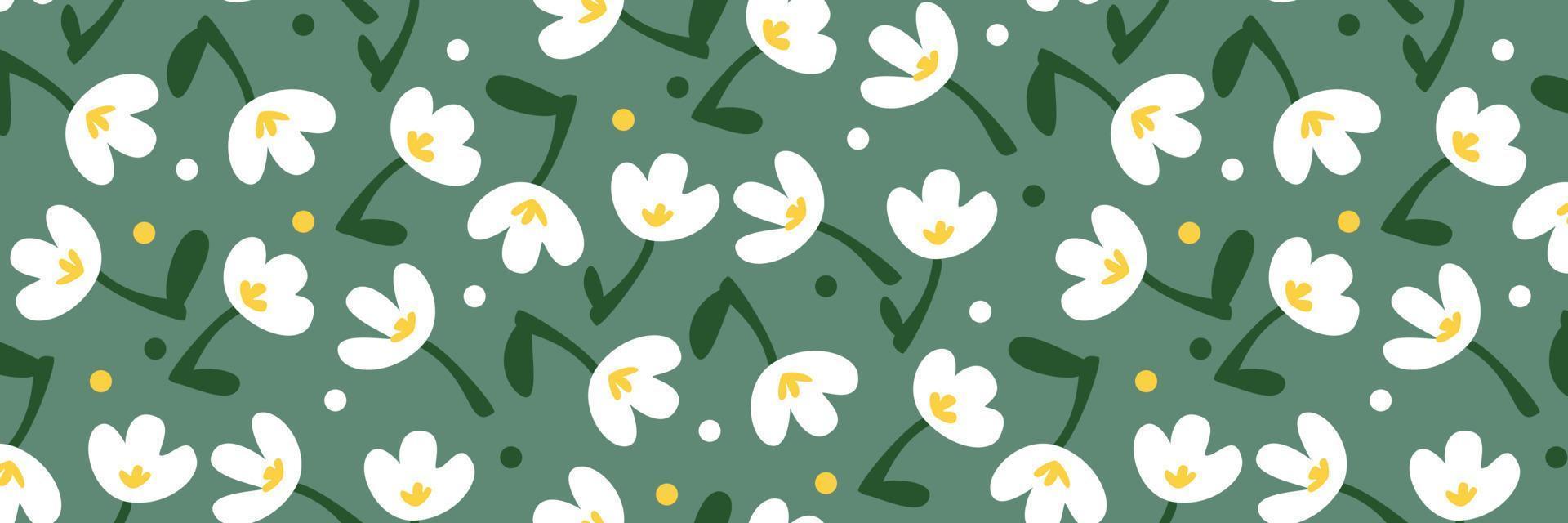 Light spring pattern with snowdrops and dots on a green background. Stylish ornament for printing on textiles and paper. Gift packaging for holidays, textiles for the manufacture. vector