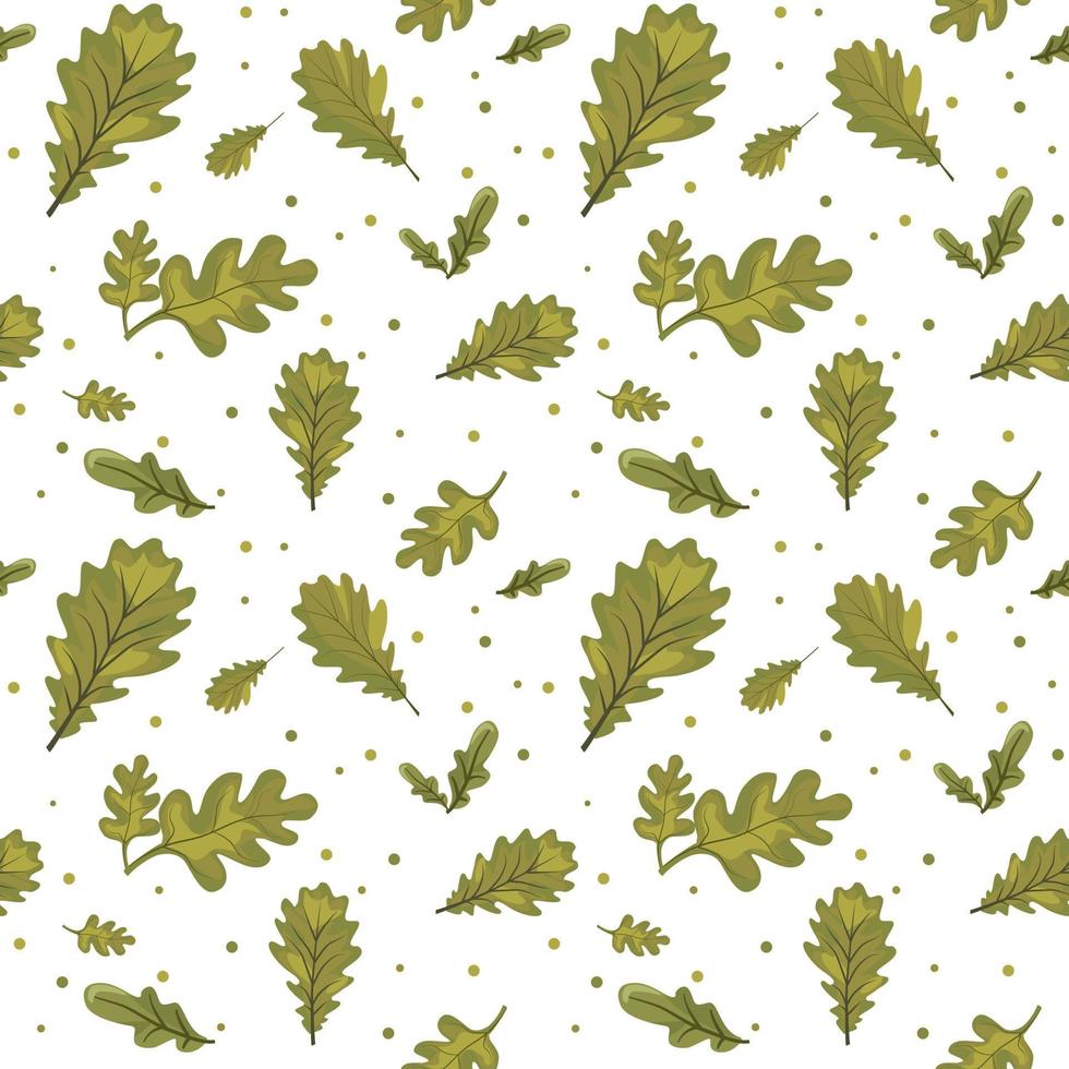 A pattern of green oak leaves with colored dots. Falling leaves. Spring background. Vector illustration on a white background. Printing on textiles and paper. Packaging
