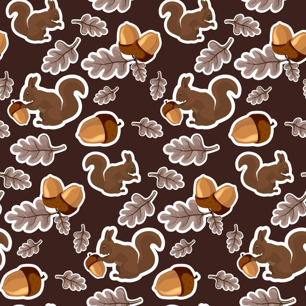 A pattern of squirrel stickers, acorns and leaves on a dark background. Forest protein theme with contour. Recurring leaves, acorns and squirrels. Suitable for printing on textiles and paper. vector