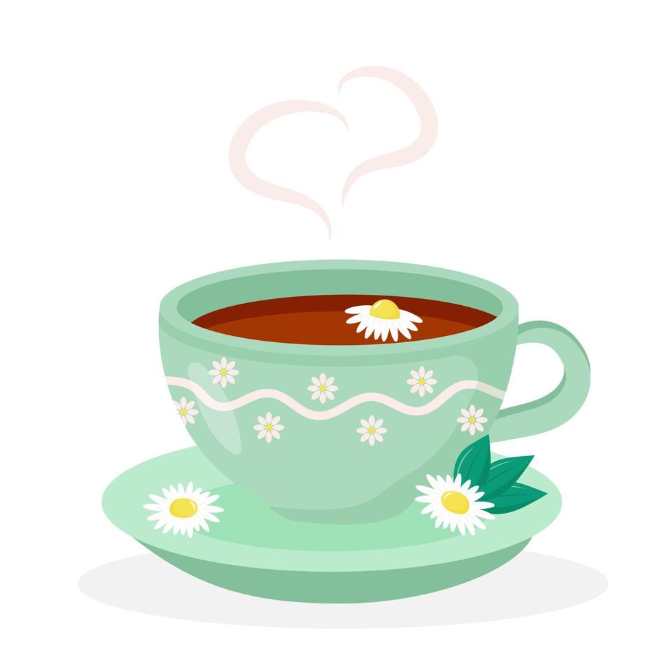 Chamomile tea cup with saucer, heart shaped steam and daisies. Hot drink isolated on white background. vector