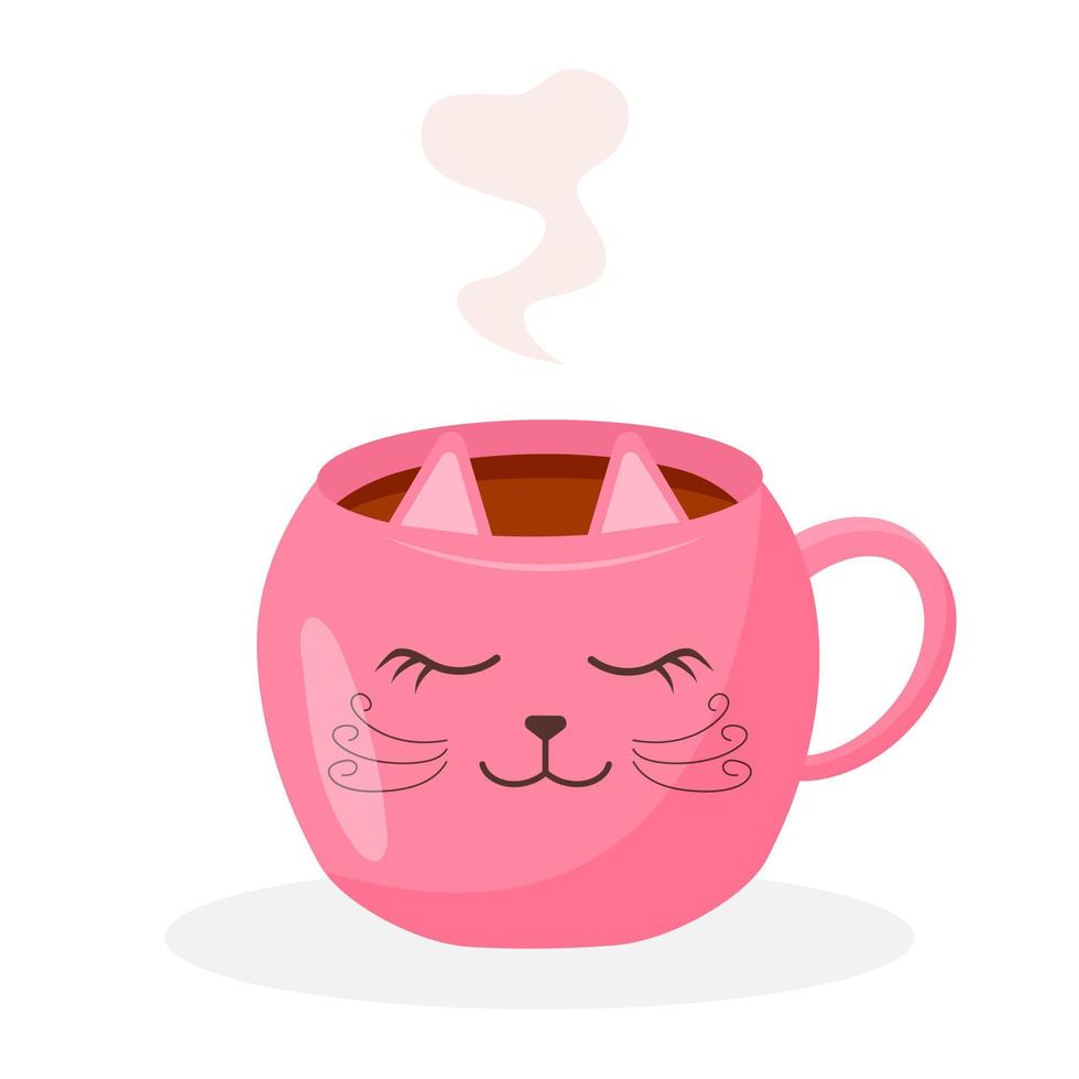 Tea mug with steam. Pink cup in the shape of a cat. Cute hot drink isolated on white background. vector