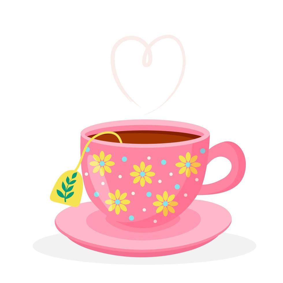 Green tea cup with saucer, heart shaped steam and brewing bag. Hot