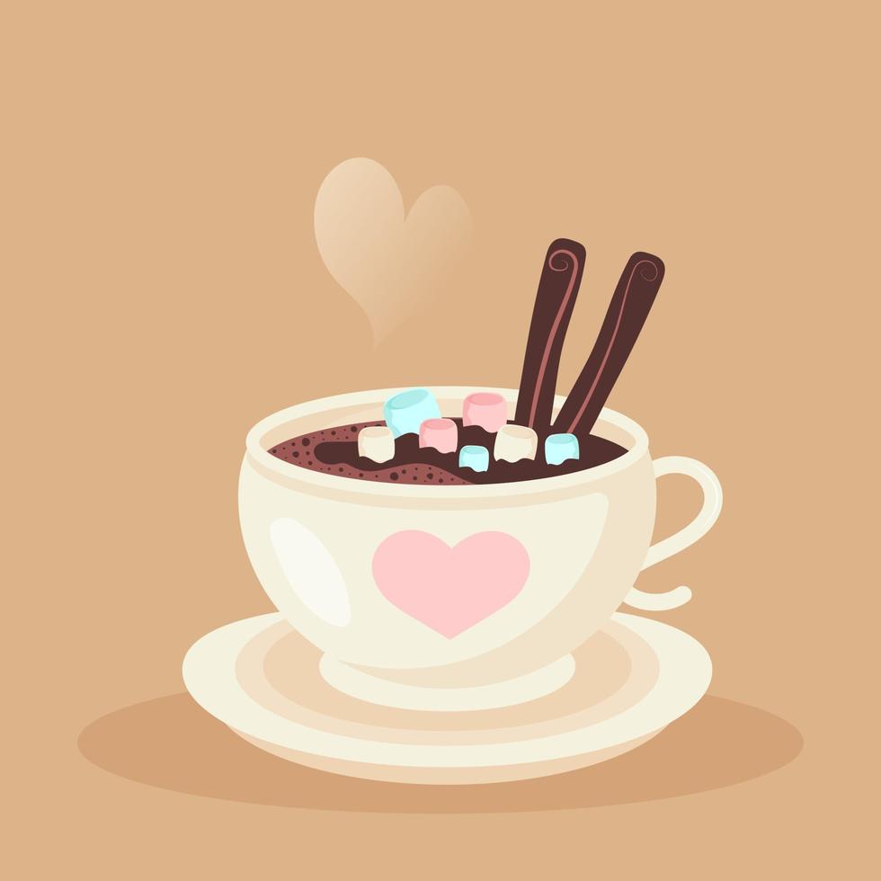 Cup of coffee with saucer, marshmallow, cinnamon and heart shaped steam. Valentines day or christmas concept. vector