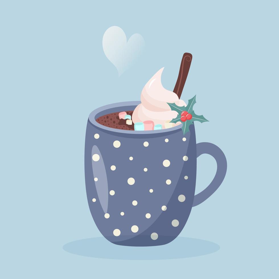 Coffee mug with whipped cream, marshmallow, cinnamon and holly. Heart shaped steam. Christmas greeting card. vector