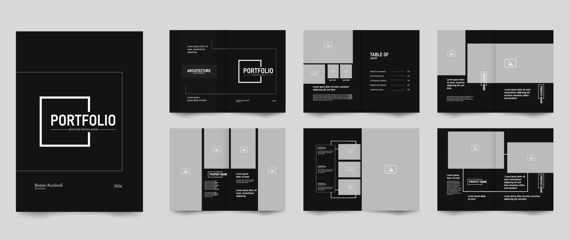 12 pages of minimalist photography portfolio layout design template, magazine, proposal, profile brochure template design vector