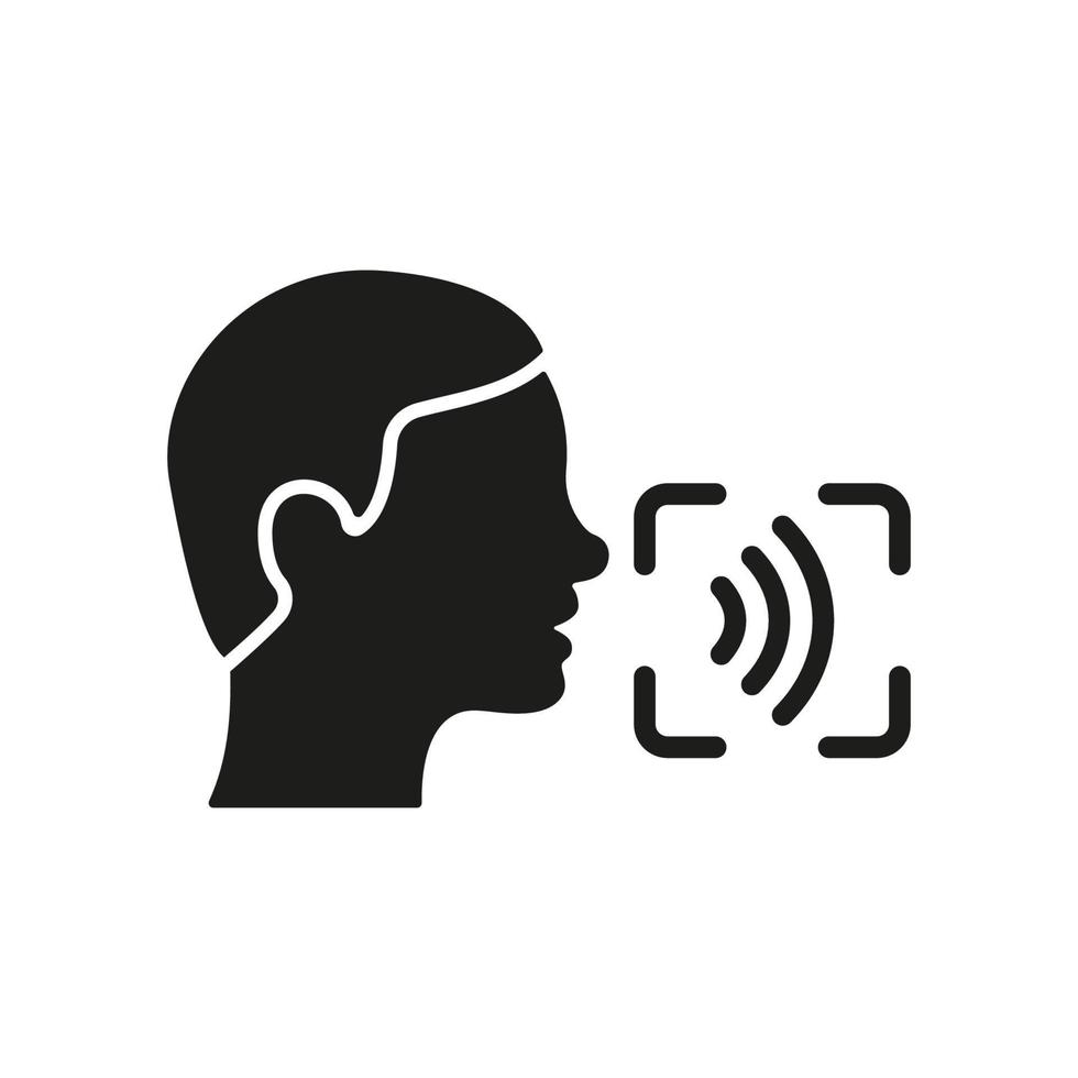 Command Voice ID Recognition Technology Silhouette Icon. Access Identification by Voice Glyph Pictogram. Verification Speak for Access Symbol. Voice Assistant Sign. Isolated Vector Illustration.