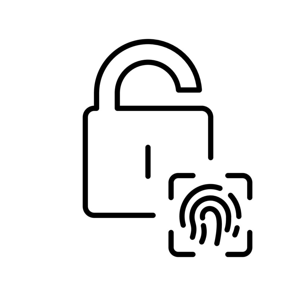 Lock with Fingerprint ID Line Icon. Finger Print Biometric Identification Linear Pictogram. Scan Unique Thumbprint, Safety Privacy Outline Symbol. Editable Stroke. Isolated Vector Illustration.