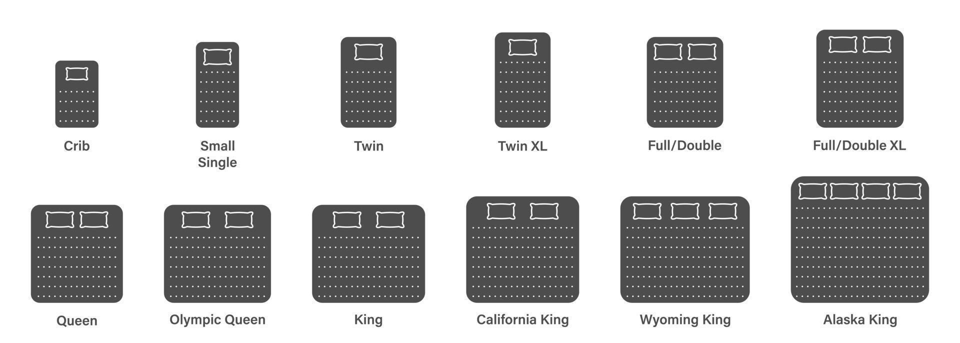 Tamaños de colchones para dormitorio. conjunto de iconos de silueta negra de tamaño de cama y colchón. medición de la longitud de la cama para el dormitorio en el pictograma del hotel o del hogar. ilustración vectorial aislada. vector