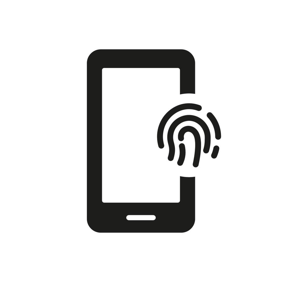 Fingerprint Identification in Mobile Phone Silhouette Icon. Touch ID in Cellphone Glyph Pictogram. Finger Print Scanner on Smartphone Sign. Biometric Identity Symbol. Isolated Vector Illustration.