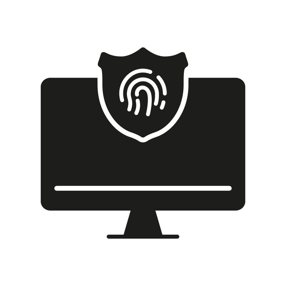 Computer with Touch ID Technology Silhouette Icon. Security Password Access to Server, Shield on Display Protect Concept Glyph Pictogram. Fingerprint Identification Icon. Isolated Vector Illustration.