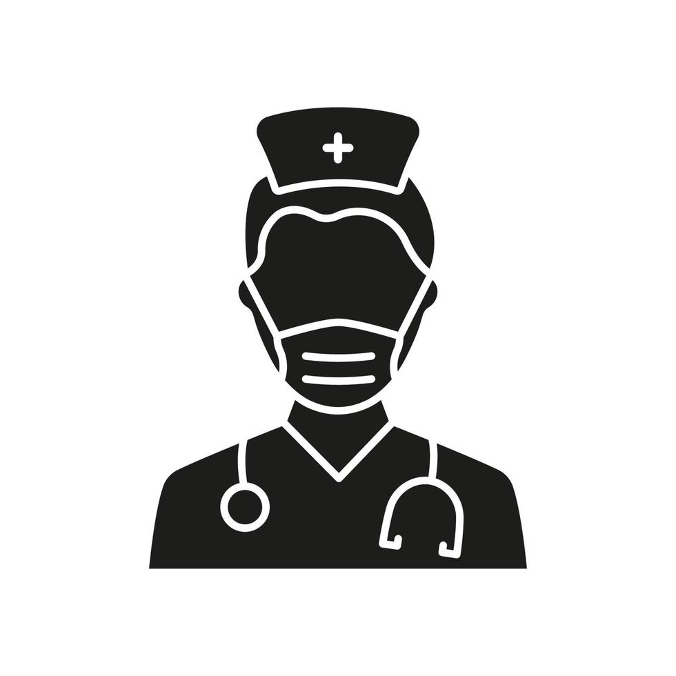 Professional Doctor with Stethoscope in Face Mask Silhouette Icon. Male Physicians Specialist and Assistant Glyph Black Pictogram. Isolated Vector Illustration.