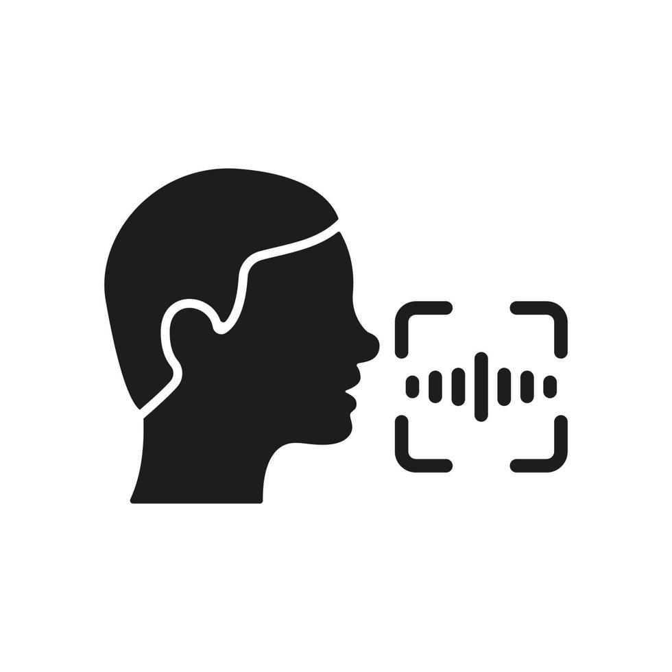 Command Voice ID Recognition Technology Silhouette Icon. Access Identification by Voice Glyph Pictogram. Verification Speak for Access Symbol. Voice Assistant Sign. Isolated Vector Illustration.