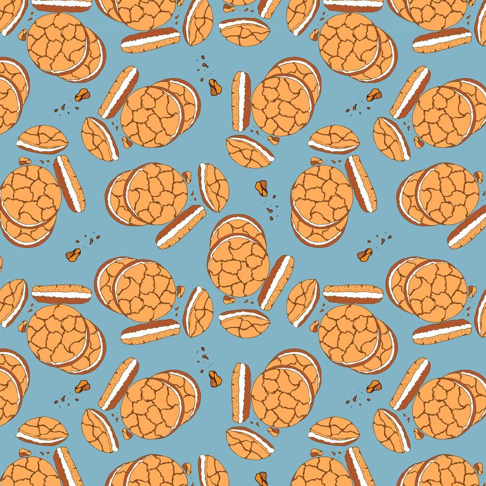 patrón de galletas con relleno y migas de galleta sobre fondo azul, dibujo de fideos dibujado a mano. día nacional de las galletas. vector