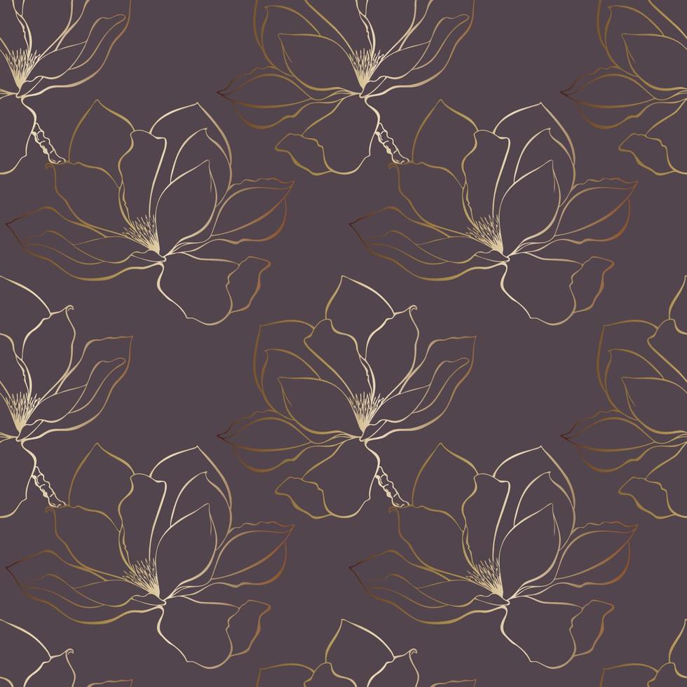 Magnolia pattern,contour flowers gold gradient and dark background. vector