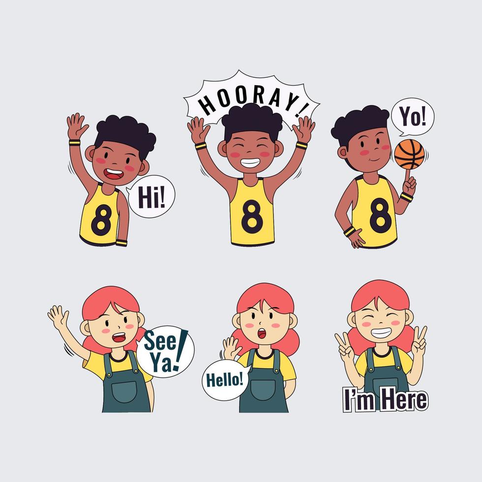 Boy and Girl Giving Greetings in Stickers vector