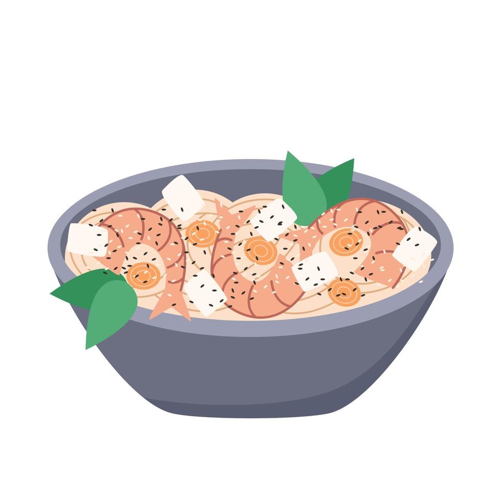 Udon noodles with shrimp tofu and sesame seeds vector