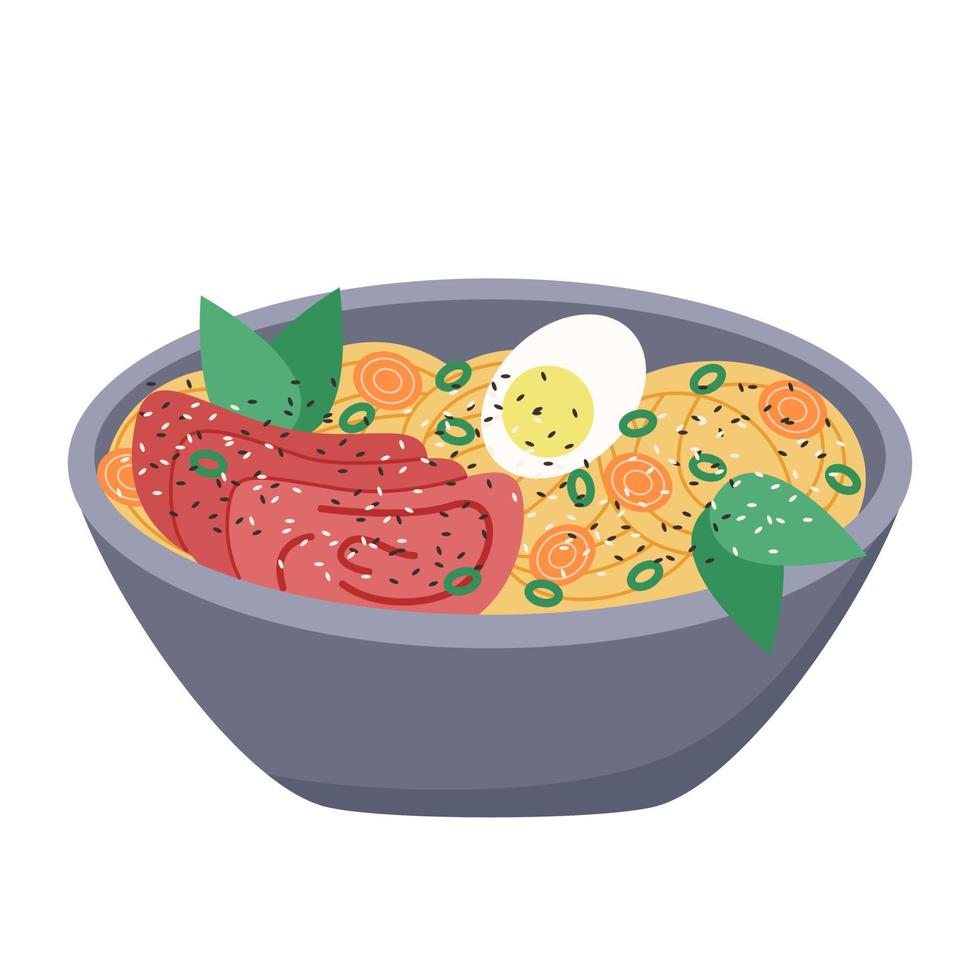 sopa de ramen con fideos de huevo huevo y carne objeto aislado vector