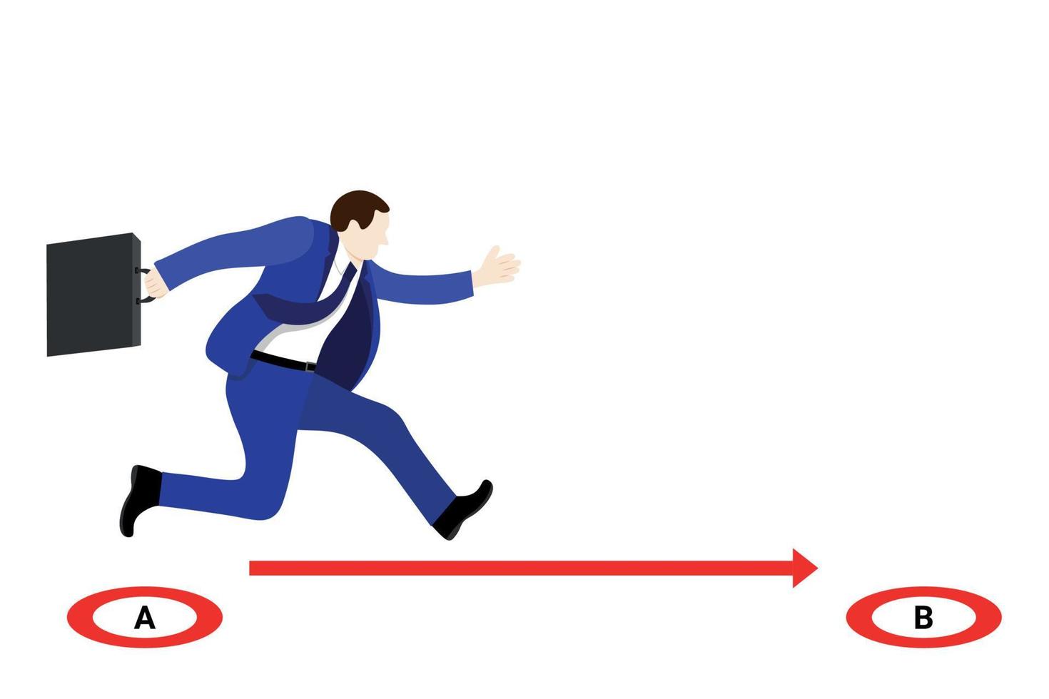 A man in a blue business suit with a briefcase runs from point A to point B, isolate on white, flat vector