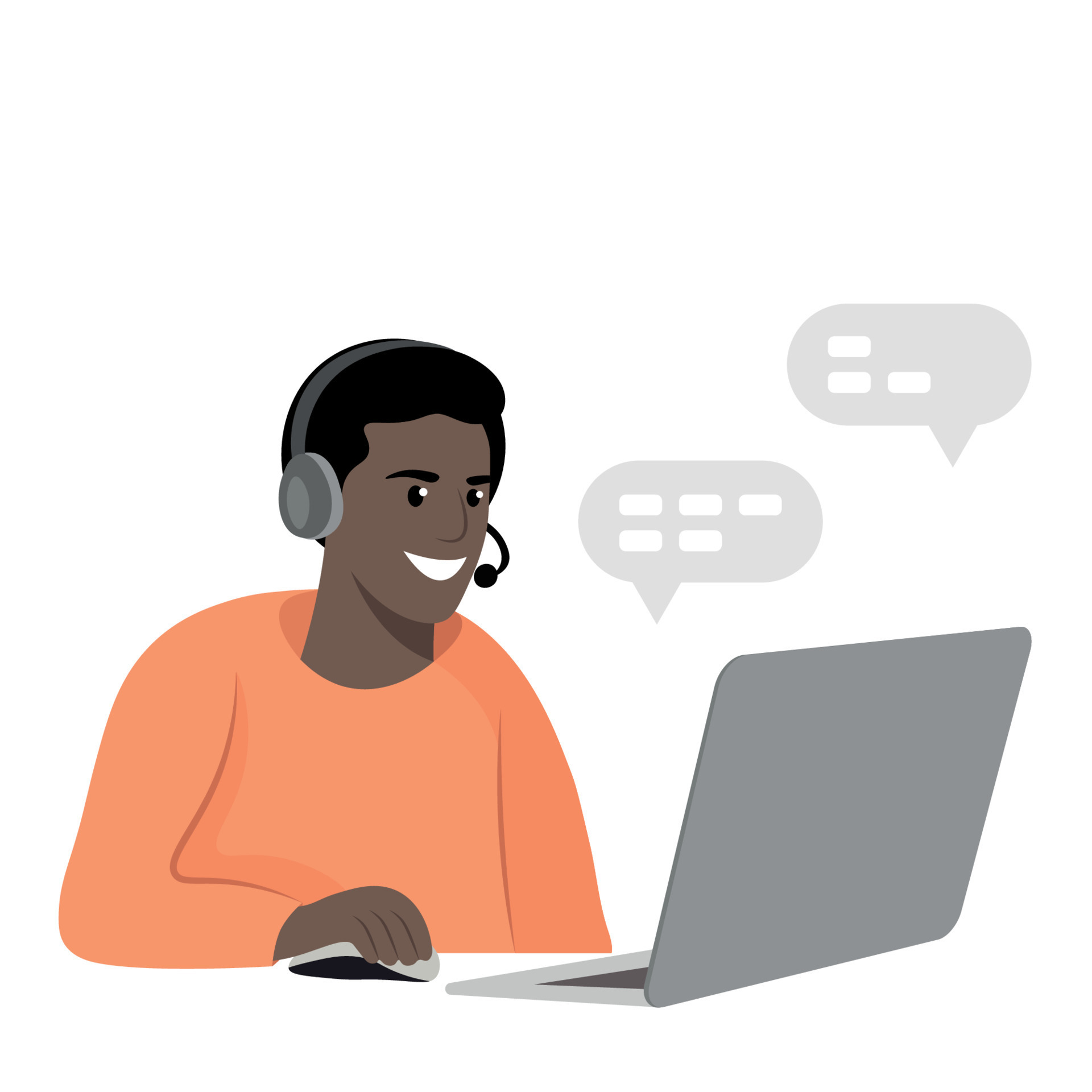 Black guy in headphones with laptop, call center worker, online, home office,  flat vector, isolated on white 15008773 Vector Art at Vecteezy