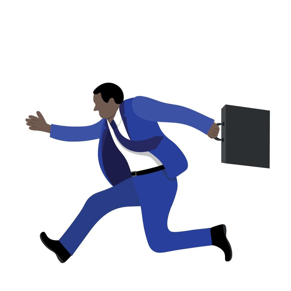 A dark-skinned man in a blue business suit with a briefcase runs, isolate on white, flat vector