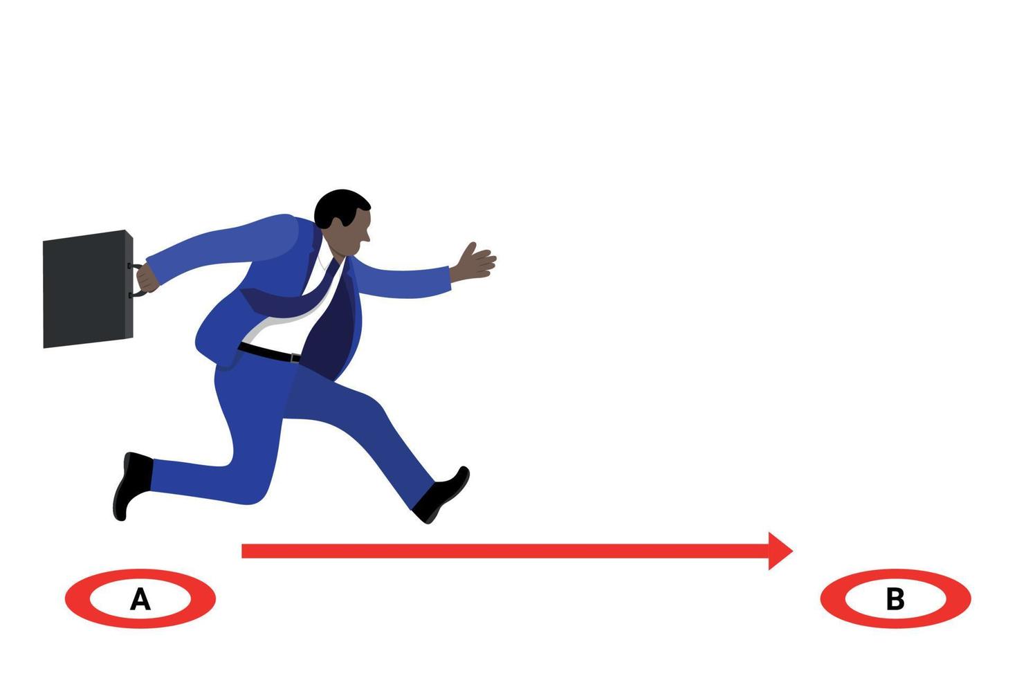 un hombre negro con un traje de negocios azul con un maletín corre del punto a al punto b, aislado en blanco, vector plano
