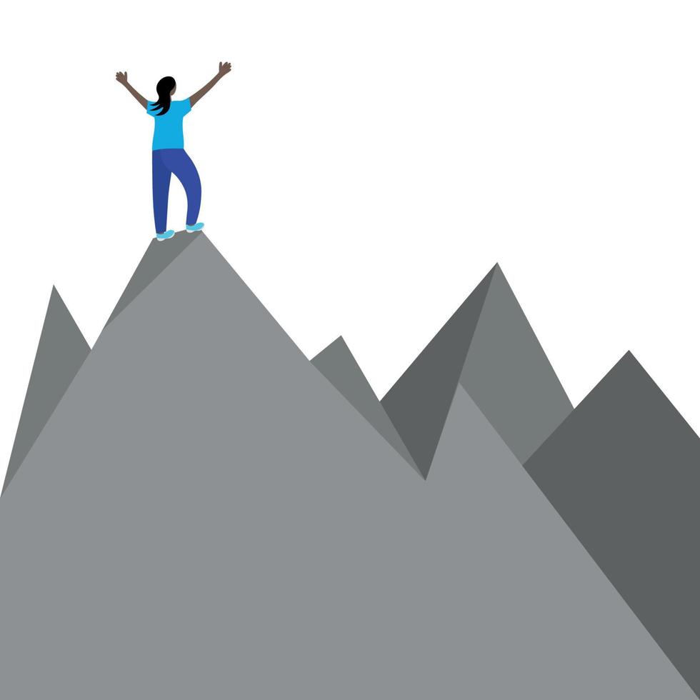 una chica de piel oscura se encuentra en la cima de una montaña, de espaldas a nosotros, levantando las manos, vector plano, aislada en blanco