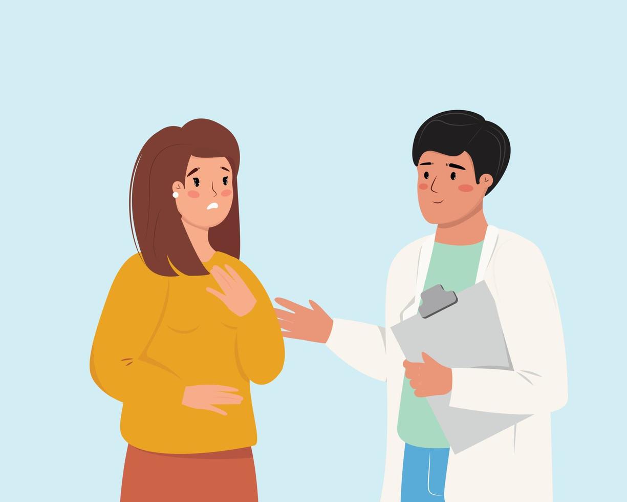 Illustration of female patient by doctor saying about her symptoms and worries. Medical care. Medicine, healthcare concept illustration with a woman and man. vector