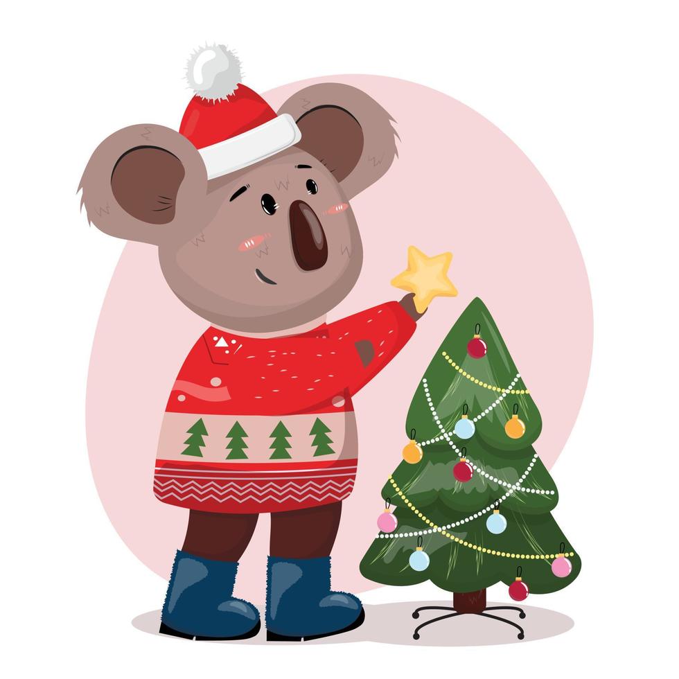 ilustración de invierno de navidad con un adorable oso koala decorando un árbol de navidad. ilustración navideña con un lindo oso koala. vector