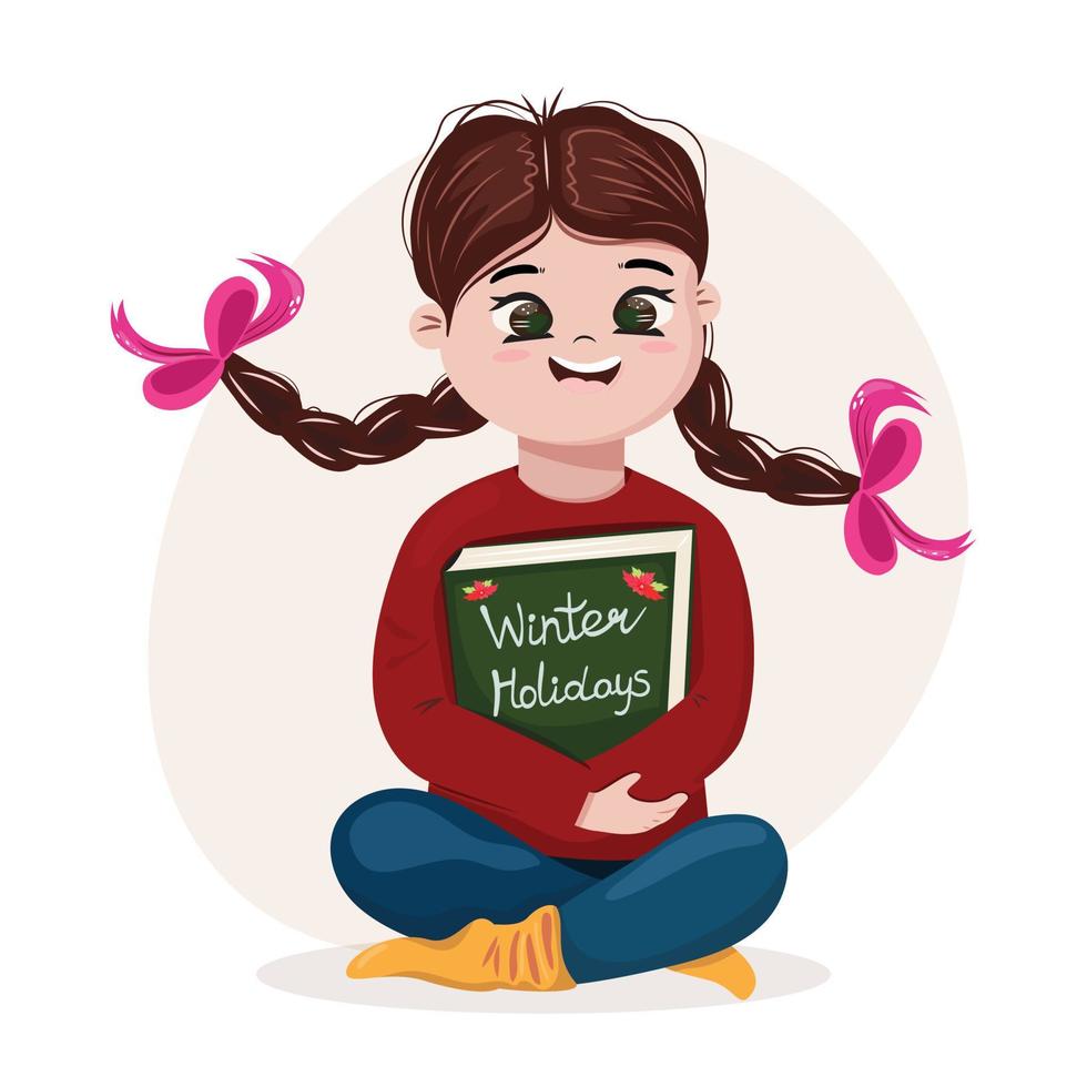 Beautiful illustration with a cute girl sitting and holding a book with winter holidays fairy tails. Book illustration, school education, winter illustration with a girl. vector