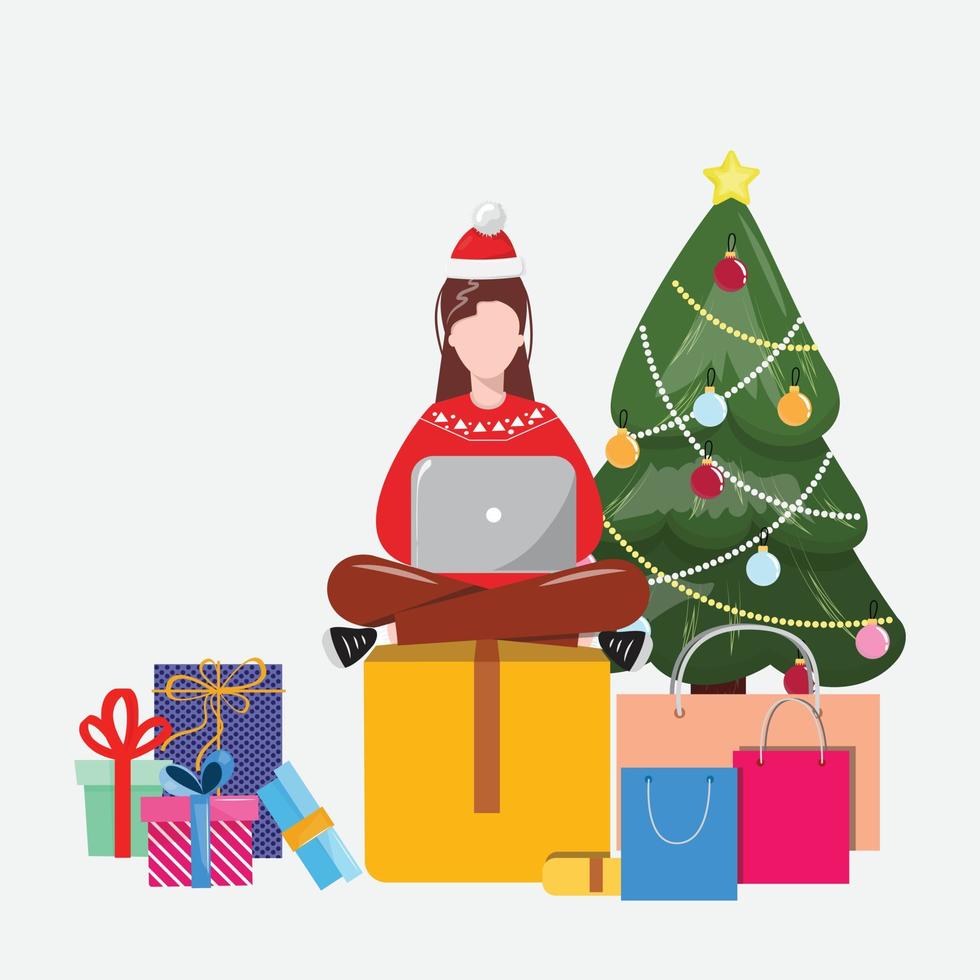 mujer moderna comprando en línea desde la computadora portátil para regalos de navidad. gran diseño para tarjetas, fondos, pancartas, cupones, anuncios web. vector