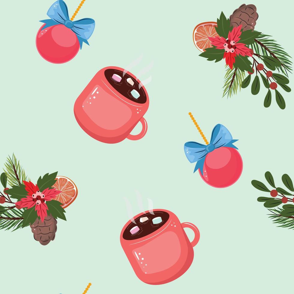 Winter seamless pattern with Christmas decorative elements, pine branches, red cup with hot chocolate and Christmas tree decorative ball. For textile, paper, wrapping paper and packaging. vector